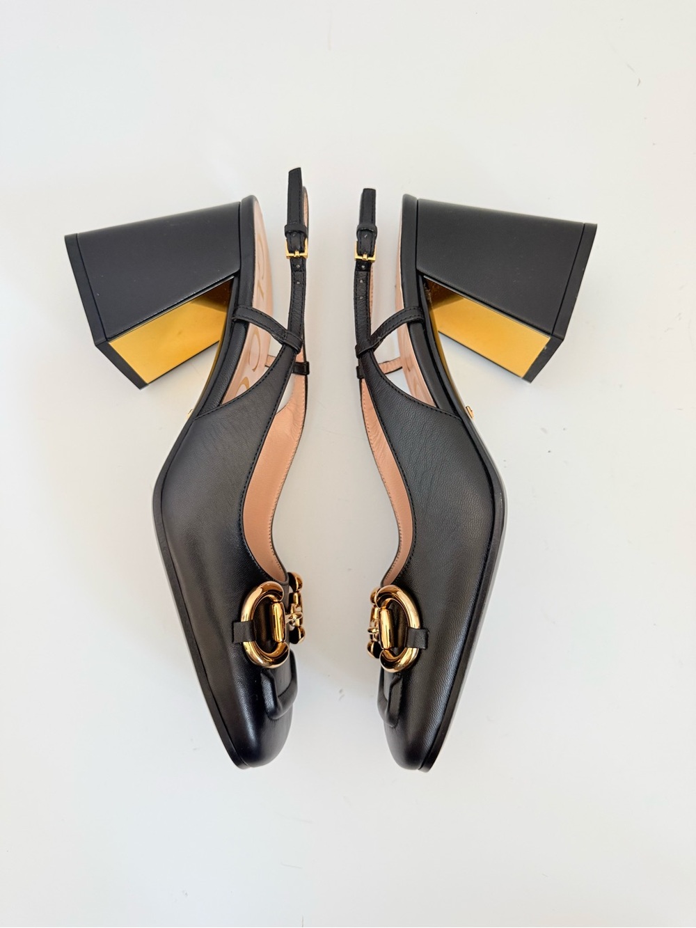 Gucci Malaga kid Horsebit 75mm Black Leather Slingback Pumps Gold Block Heel 38 - Picture 5 of 11